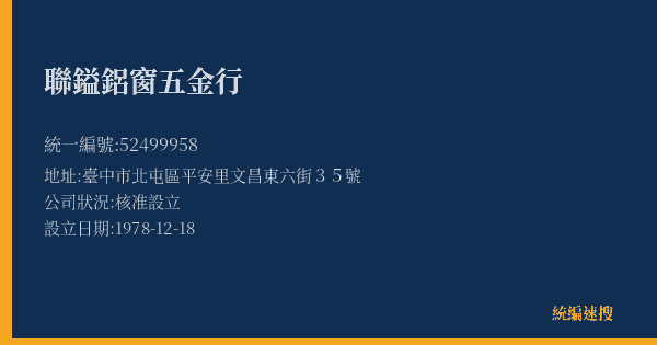 聯鎰鋁窗五金行的照片-統編 52499958(臺中市) 公司登記資料與營業項目詳細圖表