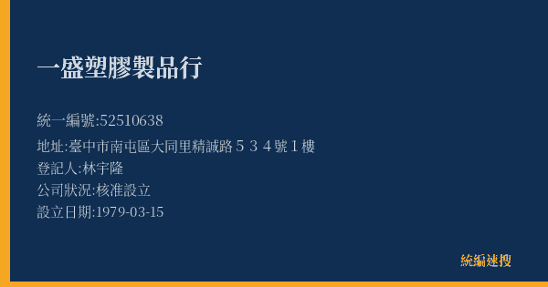 一盛塑膠製品行的照片-統編 52510638(臺中市) 公司登記資料與營業項目詳細圖表