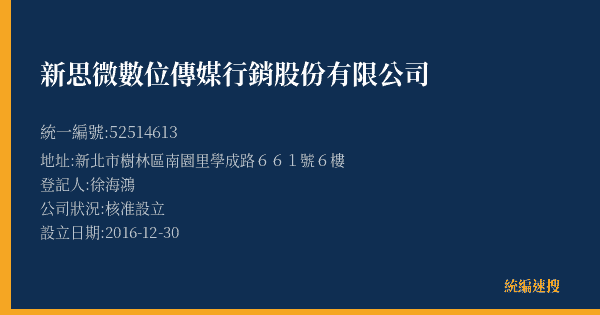新思微數位傳媒行銷股份有限公司的照片-統編 52514613(新北市) 公司登記資料與營業項目詳細圖表