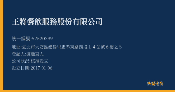 王將餐飲服務股份有限公司的照片-統編 52520299(臺北市) 公司登記資料與營業項目詳細圖表
