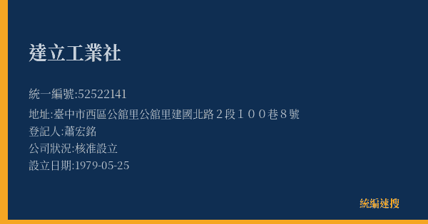 達立工業社的照片-統編 52522141(臺中市) 公司登記資料與營業項目詳細圖表
