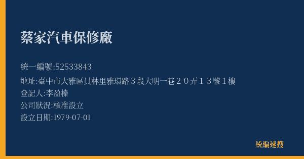 蔡家汽車保修廠的照片-統編 52533843(臺中市) 公司登記資料與營業項目詳細圖表