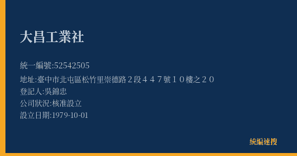 大昌工業社的照片-統編 52542505(臺中市) 公司登記資料與營業項目詳細圖表