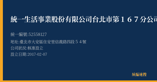 統一生活事業股份有限公司台北市第167分公司的照片-統編 52558127(臺北市) 公司登記資料與營業項目詳細圖表