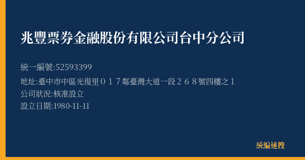 兆豐票券金融股份有限公司台中分公司的照片-統編 52593399(臺中市) 公司登記資料與營業項目詳細圖表