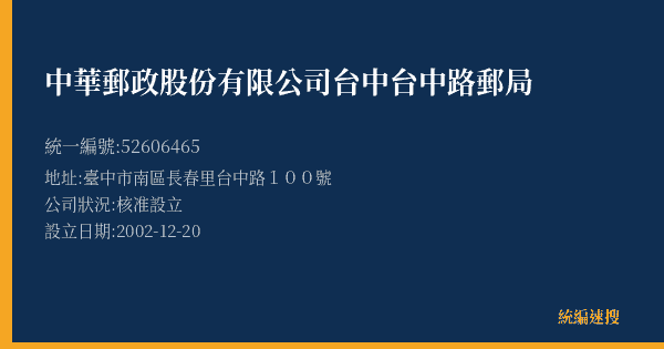 中華郵政股份有限公司台中台中路郵局的照片-統編 52606465(臺中市) 公司登記資料與營業項目詳細圖表
