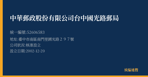 中華郵政股份有限公司台中國光路郵局的照片-統編 52606583(臺中市) 公司登記資料與營業項目詳細圖表