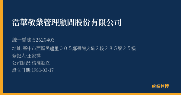 浩華敬業管理顧問股份有限公司的照片-統編 52620403(臺中市) 公司登記資料與營業項目詳細圖表