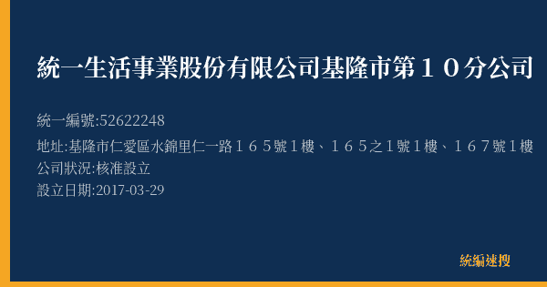 統一生活事業股份有限公司基隆市第10分公司的照片-統編 52622248(基隆市) 公司登記資料與營業項目詳細圖表