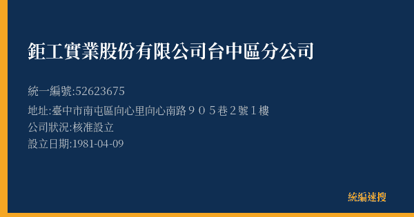 鉅工實業股份有限公司台中區分公司的照片-統編 52623675(臺中市) 公司登記資料與營業項目詳細圖表