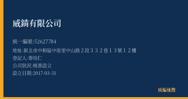 威錹有限公司的照片-統編 52627784(新北市) 公司登記資料與營業項目詳細圖表