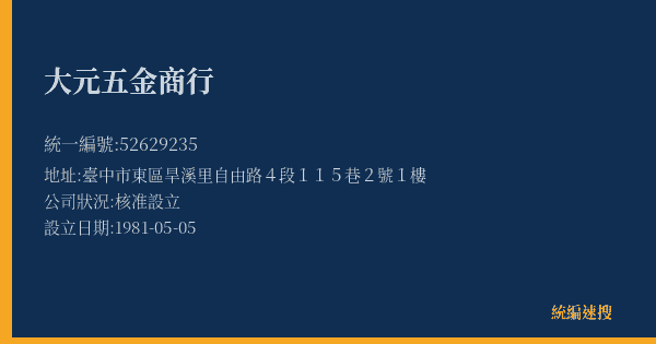 大元五金商行的照片-統編 52629235(臺中市) 公司登記資料與營業項目詳細圖表