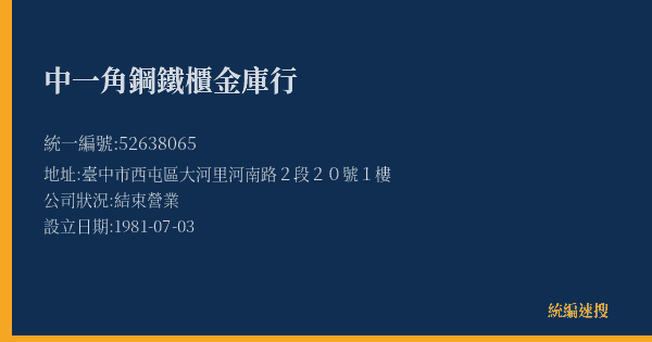 中一角鋼鐵櫃金庫行的照片-統編 52638065(臺中市) 公司登記資料與營業項目詳細圖表