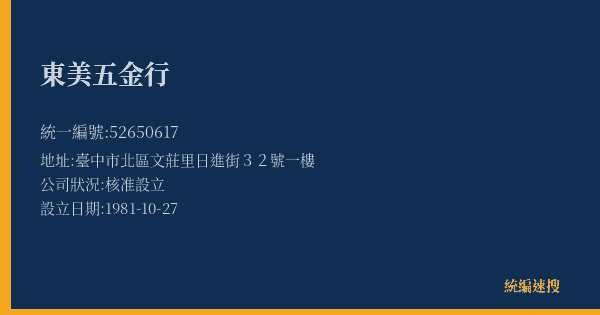 東美五金行的照片-統編 52650617(臺中市) 公司登記資料與營業項目詳細圖表