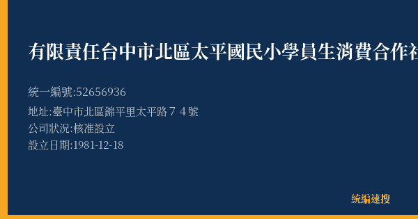 有限責任台中市北區太平國民小學員生消費合作社的照片-統編 52656936(臺中市) 公司登記資料與營業項目詳細圖表