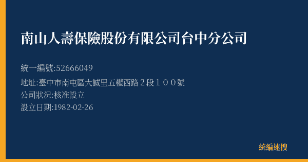 南山人壽保險股份有限公司台中分公司的照片-統編 52666049(臺中市) 公司登記資料與營業項目詳細圖表