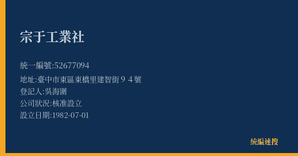 宗于工業社的照片-統編 52677094(臺中市) 公司登記資料與營業項目詳細圖表