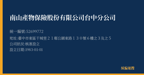 南山產物保險股份有限公司台中分公司的照片-統編 52699772(臺中市) 公司登記資料與營業項目詳細圖表