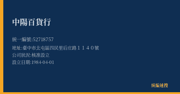 中陽百貨行的照片-統編 52718757(臺中市) 公司登記資料與營業項目詳細圖表