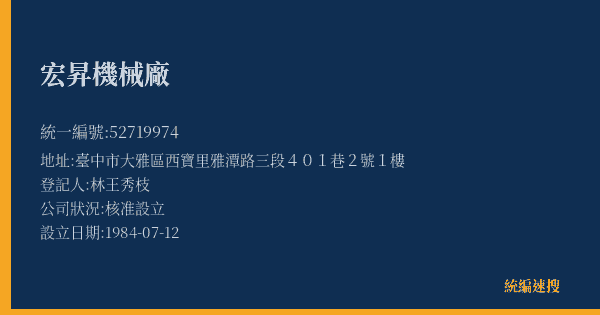 宏昇機械廠的照片-統編 52719974(臺中市) 公司登記資料與營業項目詳細圖表