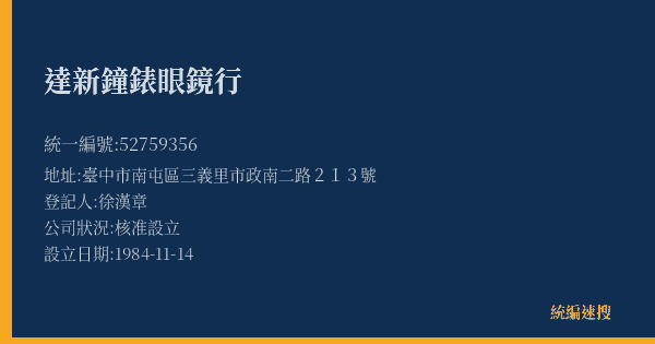 達新鐘錶眼鏡行的照片-統編 52759356(臺中市) 公司登記資料與營業項目詳細圖表