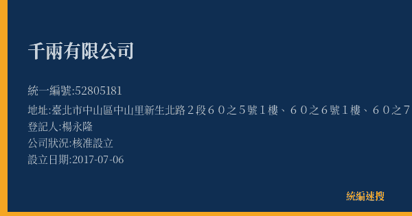 千兩有限公司的照片-統編 52805181(臺北市) 公司登記資料與營業項目詳細圖表
