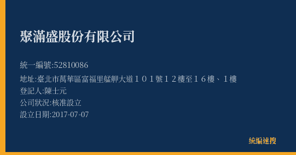 聚滿盛股份有限公司的照片-統編 52810086(臺北市) 公司登記資料與營業項目詳細圖表