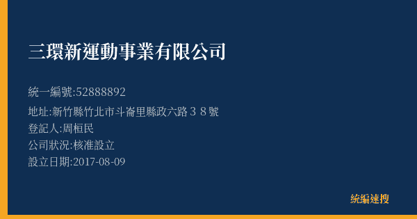 三環新運動事業有限公司的照片-統編 52888892(新竹縣) 公司登記資料與營業項目詳細圖表