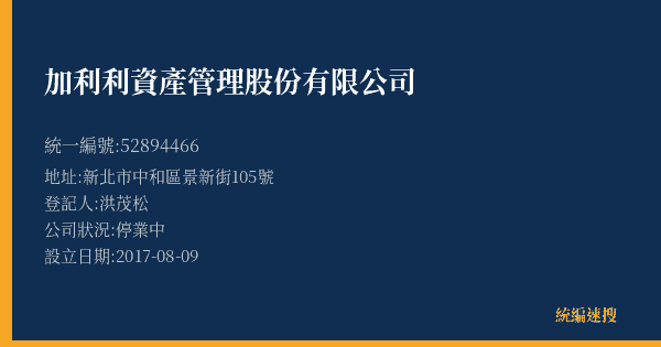 加利利資產管理股份有限公司的照片-統編 52894466(新北市) 公司登記資料與營業項目詳細圖表