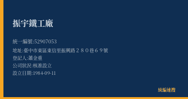 振宇鐵工廠的照片-統編 52907053(臺中市) 公司登記資料與營業項目詳細圖表