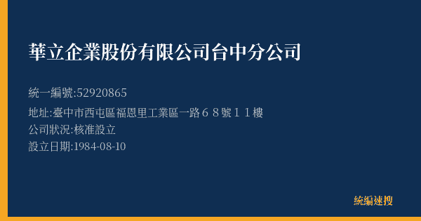 華立企業股份有限公司台中分公司的照片-統編 52920865(臺中市) 公司登記資料與營業項目詳細圖表