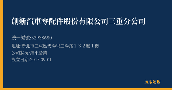 創新汽車零配件股份有限公司三重分公司的照片-統編 52938680(新北市) 公司登記資料與營業項目詳細圖表