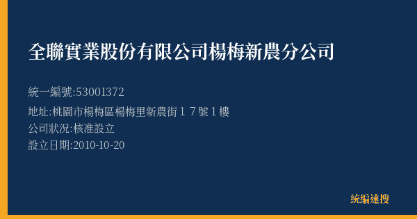 全聯實業股份有限公司楊梅新農分公司的照片-統編 53001372(桃園市) 公司登記資料與營業項目詳細圖表