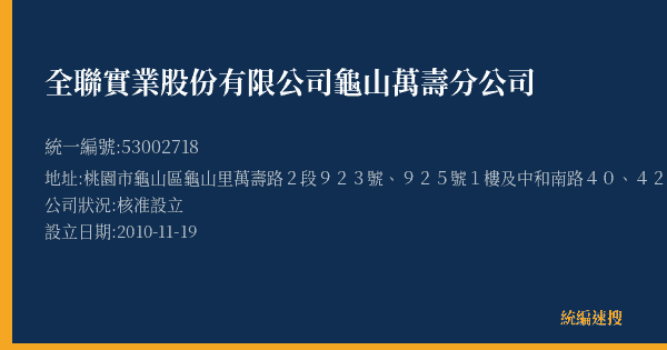 全聯實業股份有限公司龜山萬壽分公司的照片-統編 53002718(桃園市) 公司登記資料與營業項目詳細圖表