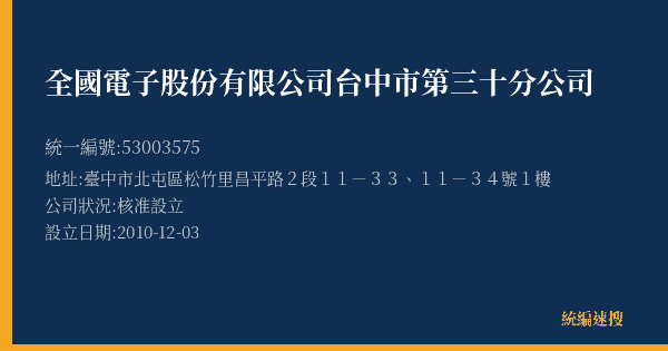 全國電子股份有限公司台中市第三十分公司的照片-統編 53003575(臺中市) 公司登記資料與營業項目詳細圖表