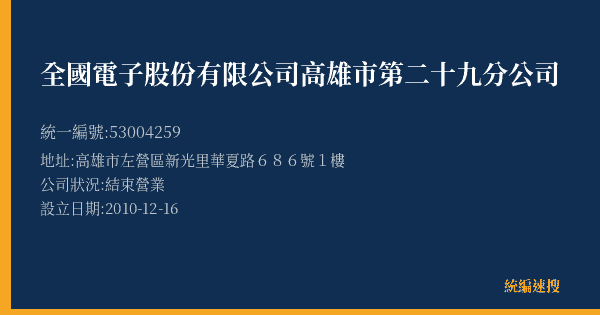 全國電子股份有限公司高雄市第二十九分公司的照片-統編 53004259(高雄市) 公司登記資料與營業項目詳細圖表
