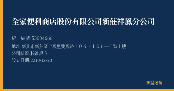 全家便利商店股份有限公司新莊祥鳳分公司的照片-統編 53004666(新北市) 公司登記資料與營業項目詳細圖表