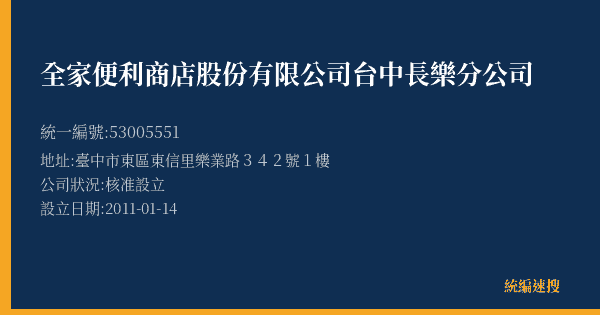 全家便利商店股份有限公司台中長樂分公司的照片-統編 53005551(臺中市) 公司登記資料與營業項目詳細圖表