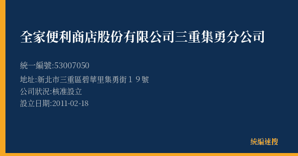 全家便利商店股份有限公司三重集勇分公司的照片-統編 53007050(新北市) 公司登記資料與營業項目詳細圖表