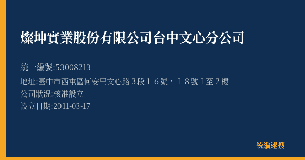 燦坤實業股份有限公司台中文心分公司的照片-統編 53008213(臺中市) 公司登記資料與營業項目詳細圖表