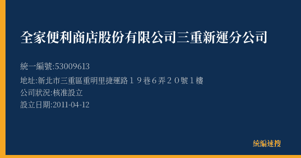 全家便利商店股份有限公司三重新運分公司的照片-統編 53009613(新北市) 公司登記資料與營業項目詳細圖表