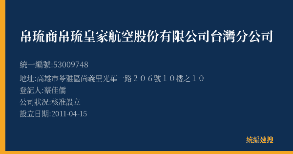 帛琉商帛琉皇家航空股份有限公司台灣分公司的照片-統編 53009748(高雄市) 公司登記資料與營業項目詳細圖表