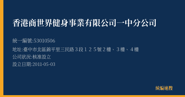 香港商世界健身事業有限公司一中分公司的照片-統編 53010506(臺中市) 公司登記資料與營業項目詳細圖表