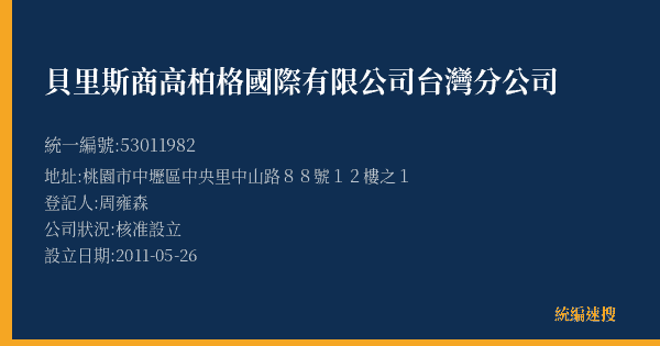 貝里斯商高柏格國際有限公司台灣分公司的照片-統編 53011982(桃園市) 公司登記資料與營業項目詳細圖表