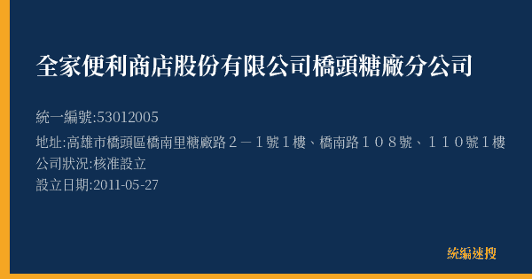 全家便利商店股份有限公司橋頭糖廠分公司的照片-統編 53012005(高雄市) 公司登記資料與營業項目詳細圖表
