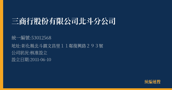 三商行股份有限公司北斗分公司的照片-統編 53012568(彰化縣) 公司登記資料與營業項目詳細圖表