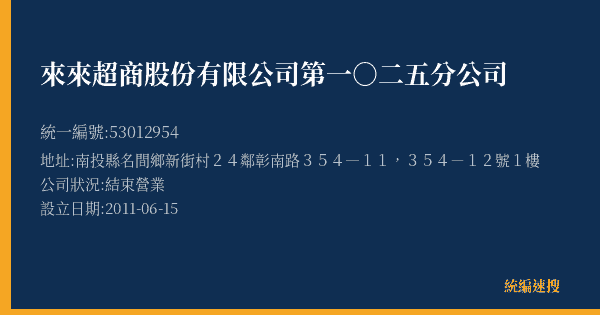 來來超商股份有限公司第一○二五分公司的照片-統編 53012954(南投縣) 公司登記資料與營業項目詳細圖表