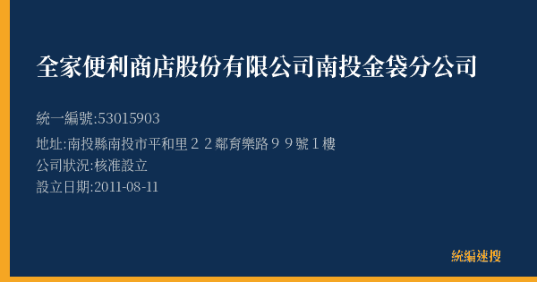全家便利商店股份有限公司南投金袋分公司的照片-統編 53015903(南投縣) 公司登記資料與營業項目詳細圖表