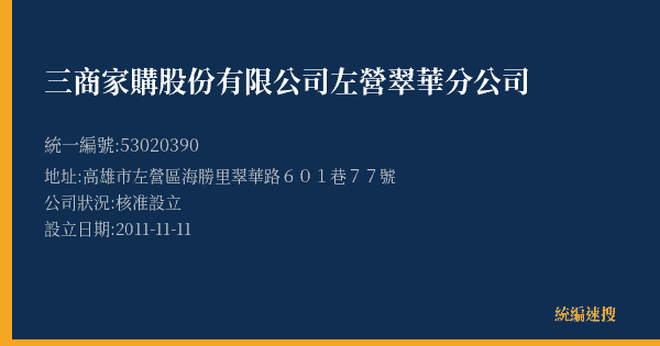 三商家購股份有限公司左營翠華分公司的照片-統編 53020390(高雄市) 公司登記資料與營業項目詳細圖表