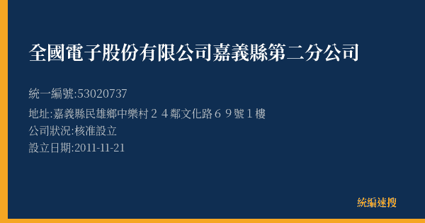 全國電子股份有限公司嘉義縣第二分公司的照片-統編 53020737(嘉義縣) 公司登記資料與營業項目詳細圖表